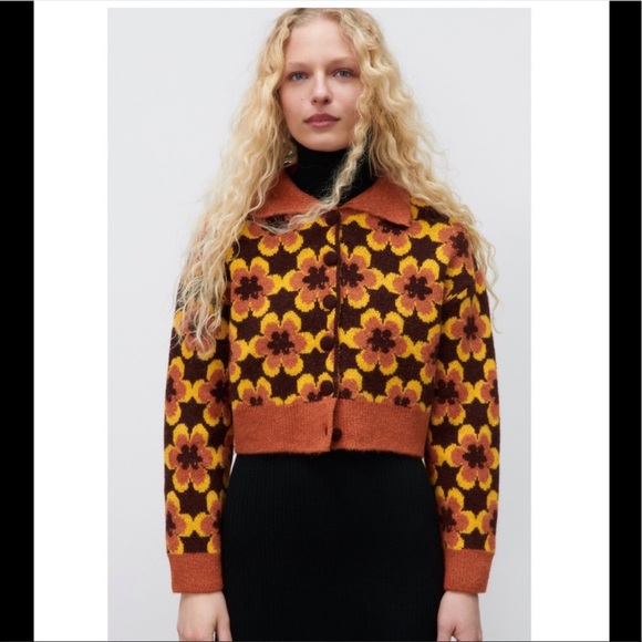 Zara Geometric Knit Jacquard Floral Cardigan Sweater